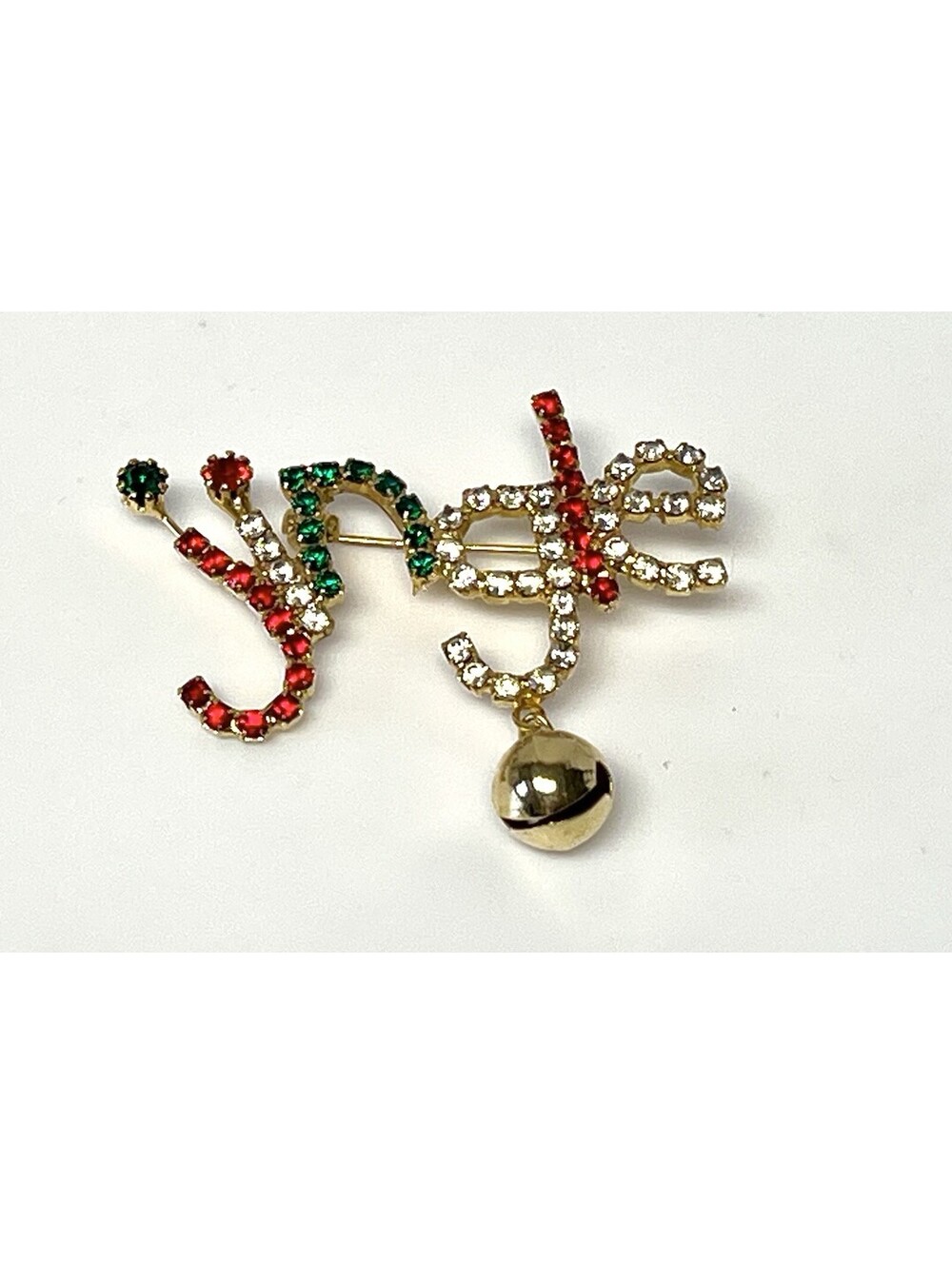 Vintage Rhinestone Jingle Bell Christmas Brooch Pin Red Green White Gold Dangle